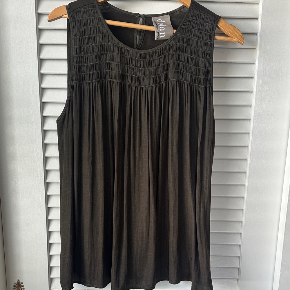 Dolan Dark Olive, Pleated Front, Sleeveless Blouse